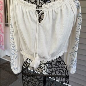 H&M White Smocked Tie Front Crop Blouse